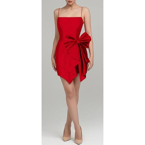 RASARIO Bow Embellished Draped Ruffle Silk Red Mini Dress Size 4 - Picture 1 of 10